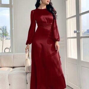 US 4 S - Modelyn Burgundy Red Elegant A-Line Maxi Dress - Lantern Sleeves (NEW)